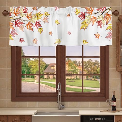 Miniatura 7 de Cenefa para ventanas, cenefas de cocina con bolsillo para barra, cortinas cortas de hojas de arce de Acción de Gracias para sala de estar, baño,
