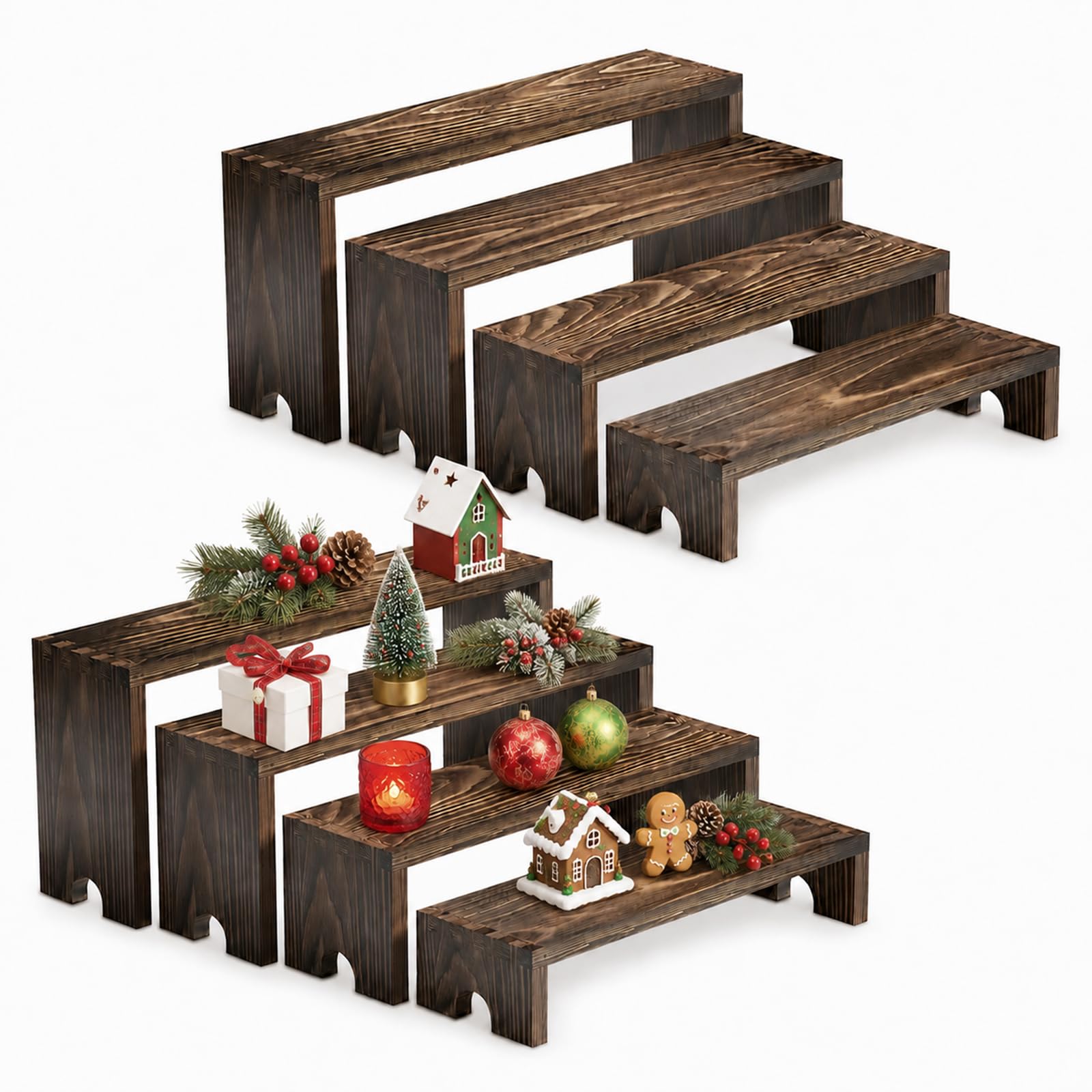 Set di 2 espositori in legno massiccio a 4 livelli, per decorazioni di Halloween, feste di Natale, cupcake, statuine, impilabili, organizer decorativo da tavolo