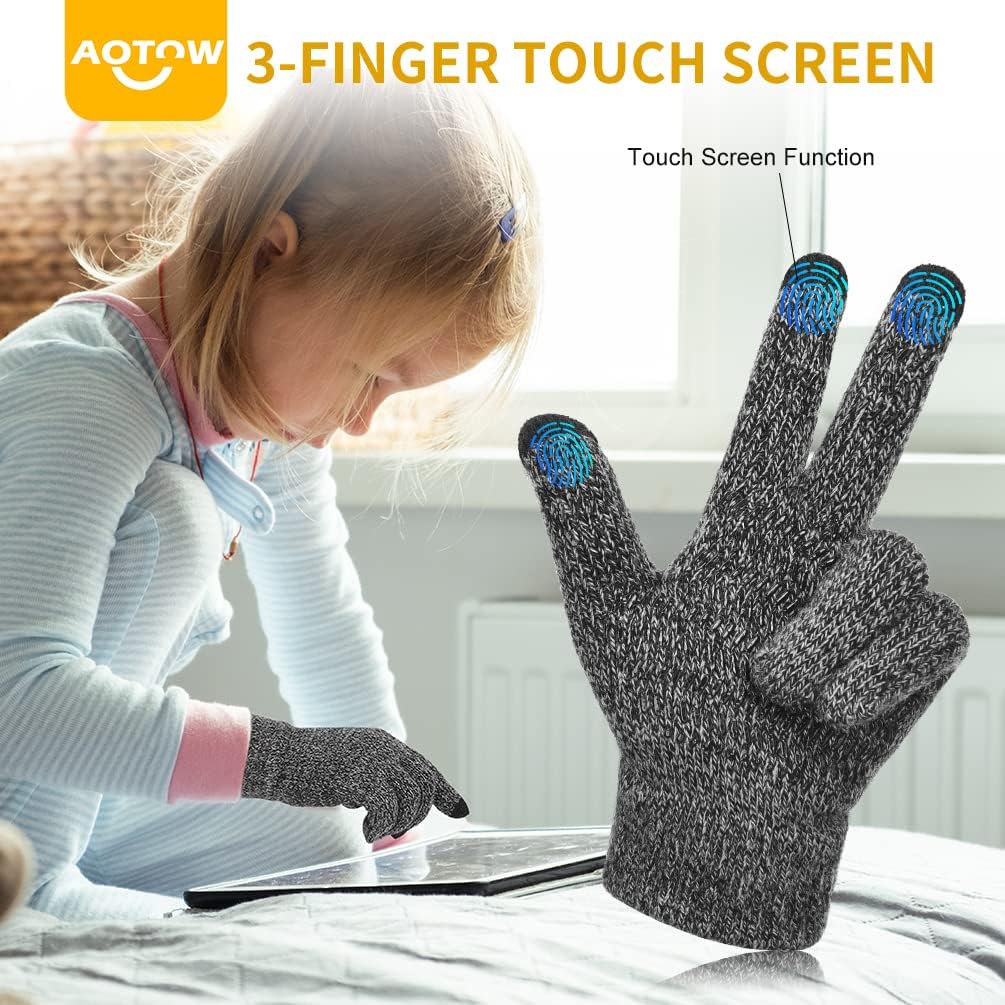 Touchscreen Kids Winter Knit Gloves: 3PCS Set of Girls & Boys Warm Blue Black Grey Cycling Glove for Age 4-10 Year Children : Clothing, Shoes & Jewelry