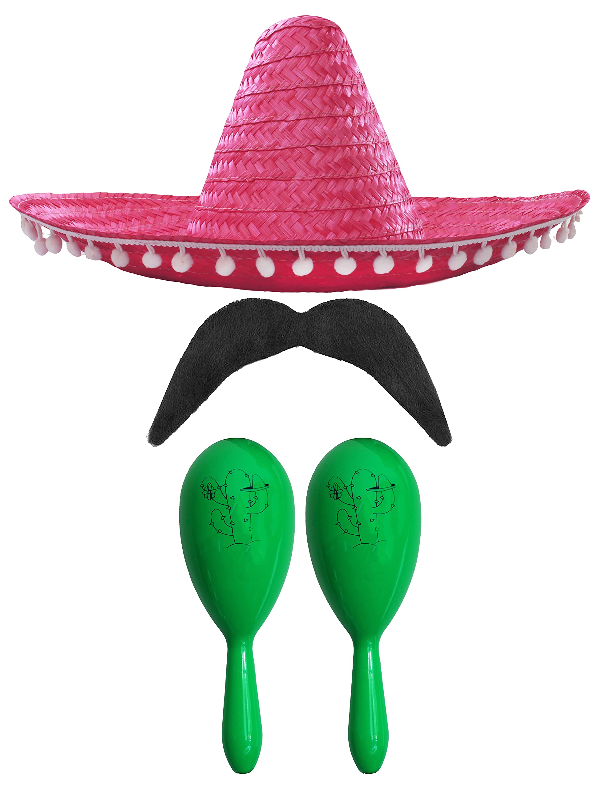 Adults Mexican Accessory Set - Natural Mexican Sombrero, Green Maracas, Moustache - Mexican Cinco de Mayo Sensorita Bandit Mariachi Fancy Dress Costume Accessory Set