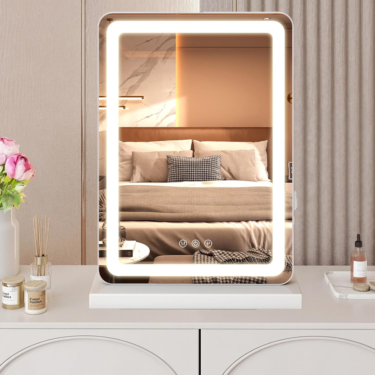 NEWBULIG 18"x13" LED Vanity Mirror with Lights, Lighted Tabletop Makeup Mirror, Touch Control Dimmable Brightness, 3 Color Lighting Modes