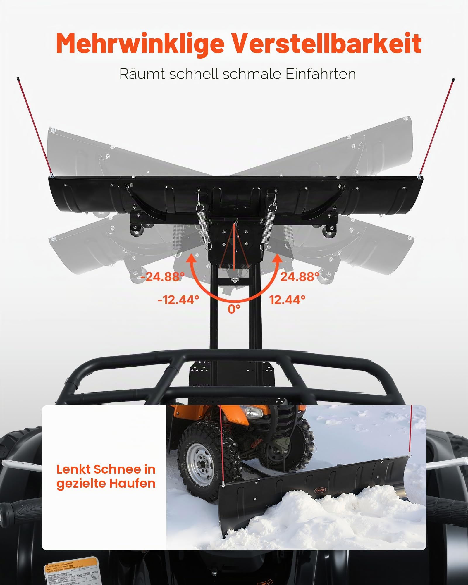 VEVOR Schneeschild, 109/182cm Schneepflug-Set, leicht abnehmbar, universell montierbarer Schneeschieber mit Gummiklappen, Stahlklinge, Räumschild kompatibel mit den meisten UTVs & ATVs