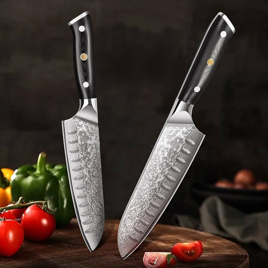 三徳包丁 ダマスカス包丁 刃渡り175mm, キッチン用 ブルー樹脂木製ハンドル 三徳包丁 ダマスカス包丁 刃渡り175mm, キッチン用 ブルー樹脂