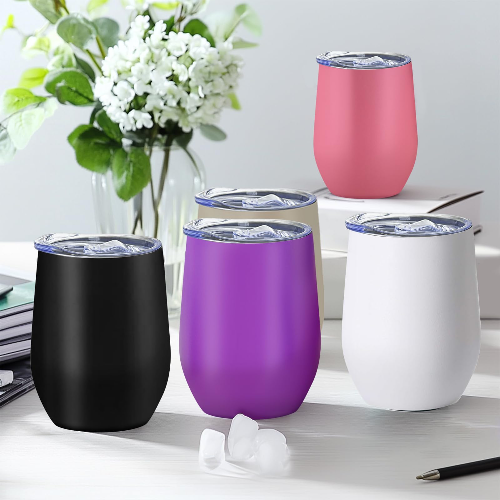 YOUKE OLA Paquete de 18 vasos de vino de acero inoxidable con tapa, vaso de vino aislado de 12 onzas, sin tallo, vaso de vino de doble pared al vacío, vaso de café a granel para café, vino, cócteles,