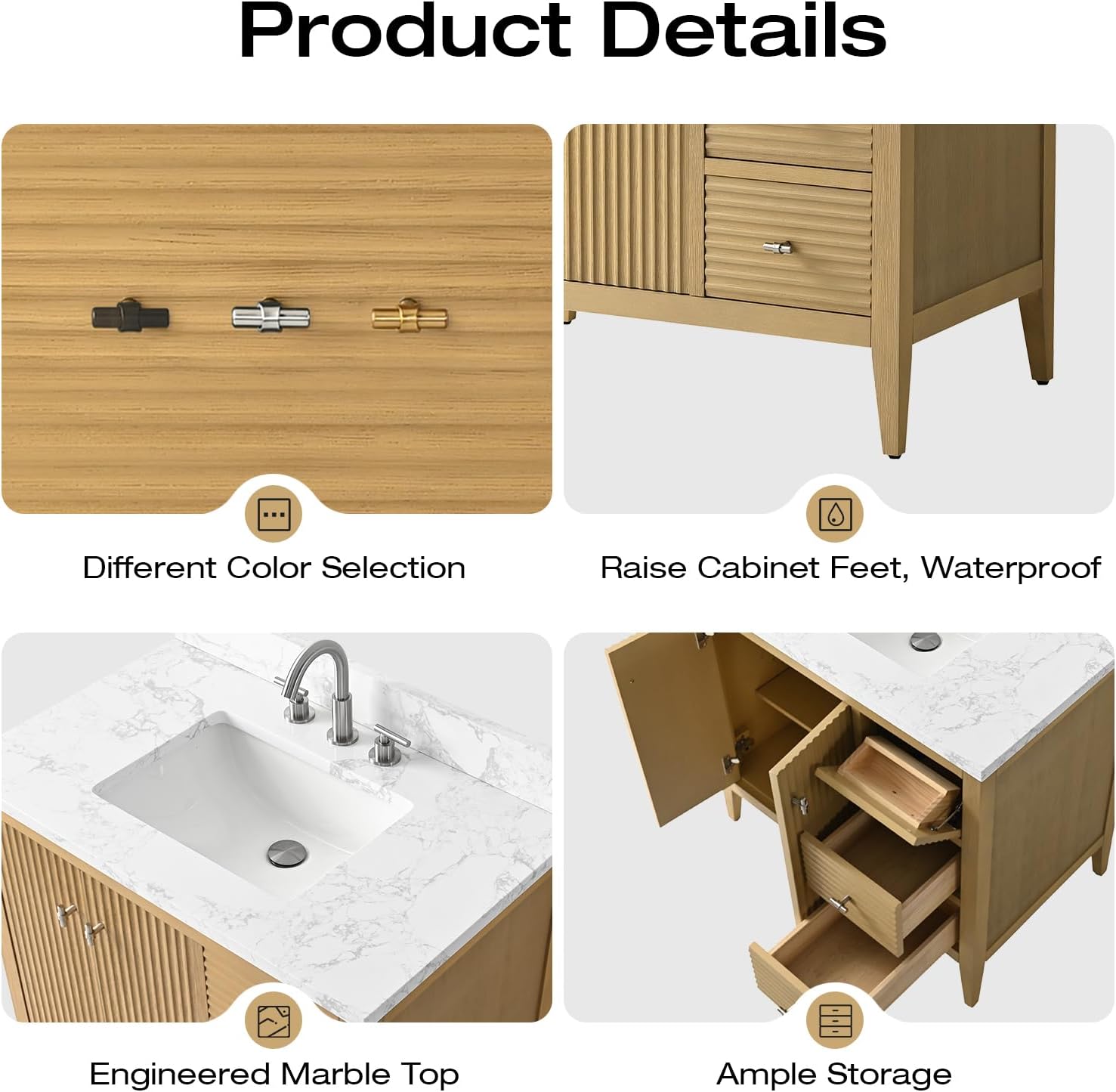 Vanity Art 36 inch Bathroom Vanity with Single Sink & Ceramic Top, Vanity Cabinet with Soft-Closing Door, Solid Wood Frame, Linear Pattern, Natural Oak, Golden Brushed Handware VA9136-NO-GB