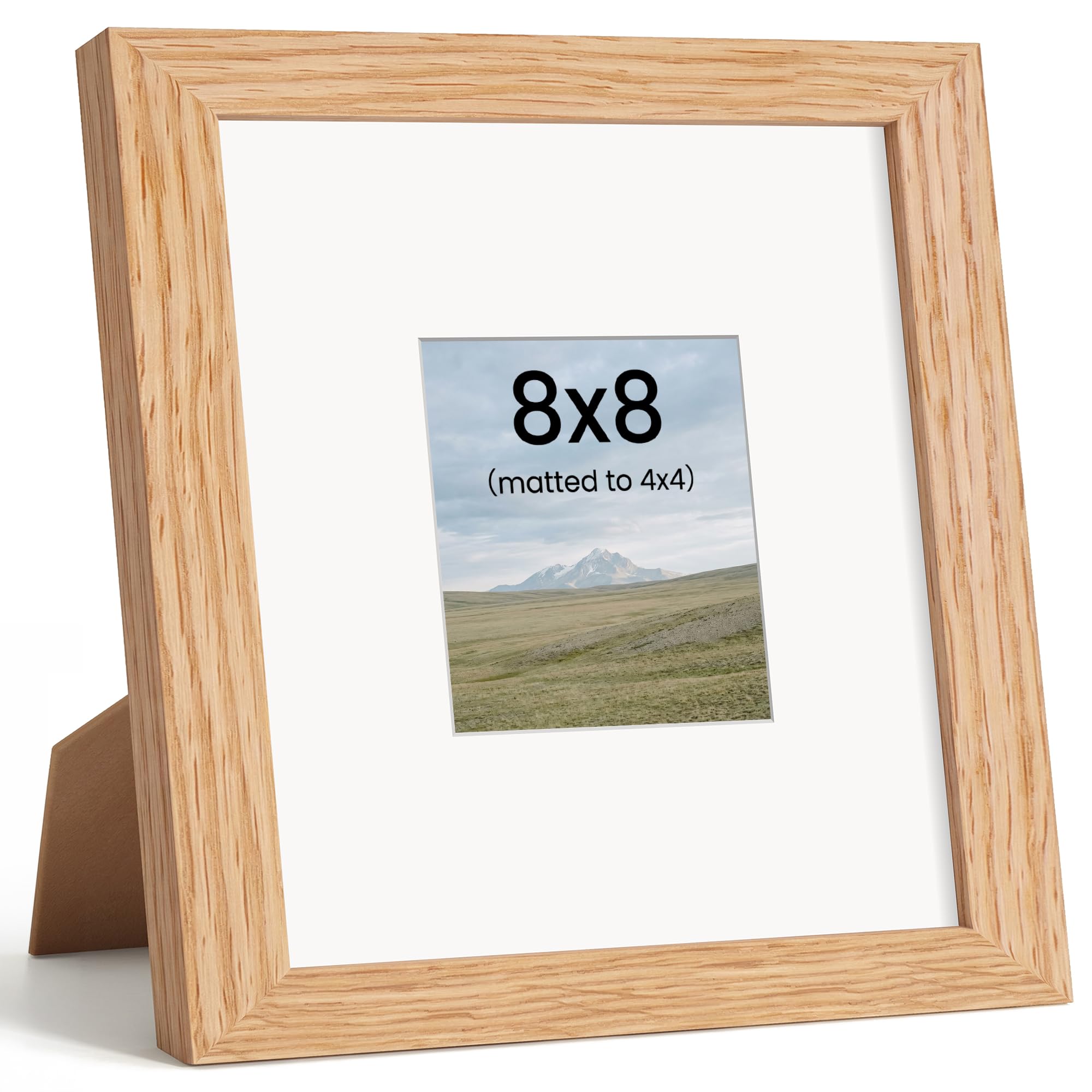 8x8 Photo Frame, Solid Oak Wood, Mat fits 4x4, Tabletop & Wall Mount