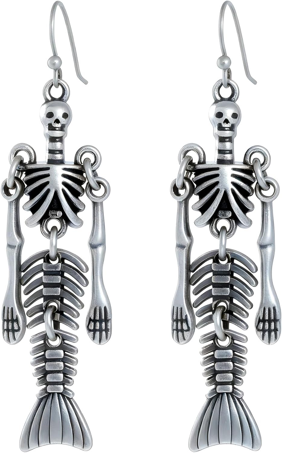 Siver Plated Vintage Human Skeleton Bones and Mermaid Skull Charm Dangle Earrings for Women Man Jewelry