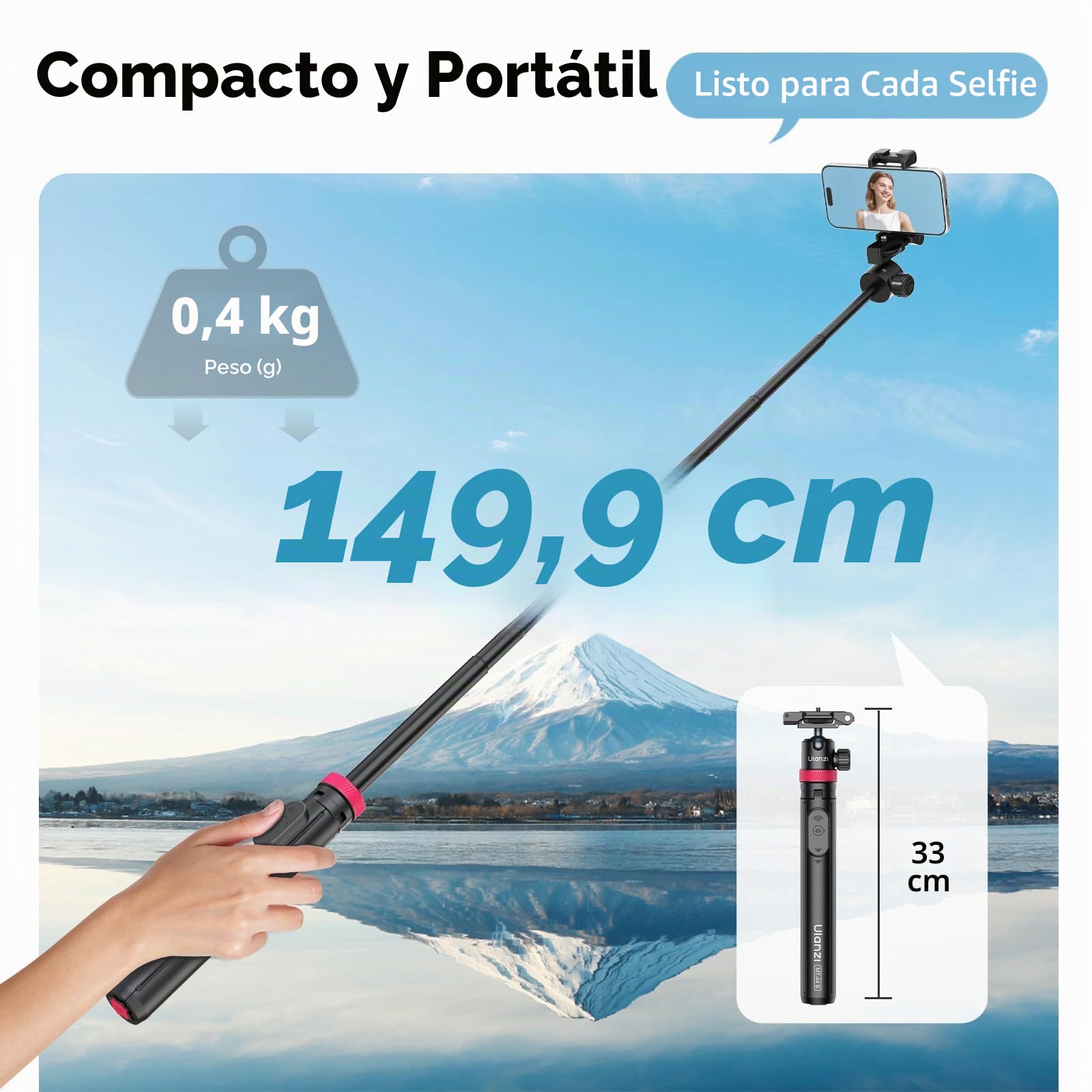 ULANZI MT-44 B Pop Open Palo Selfie Bluetooth 150 cm, Soporte de Cuatro Patas Apertura Automática, Trípode para Móvil con Zapata Fría, Rótula 360°, Rosca de 1/4" para Cámara DSLR Samsung iPhone