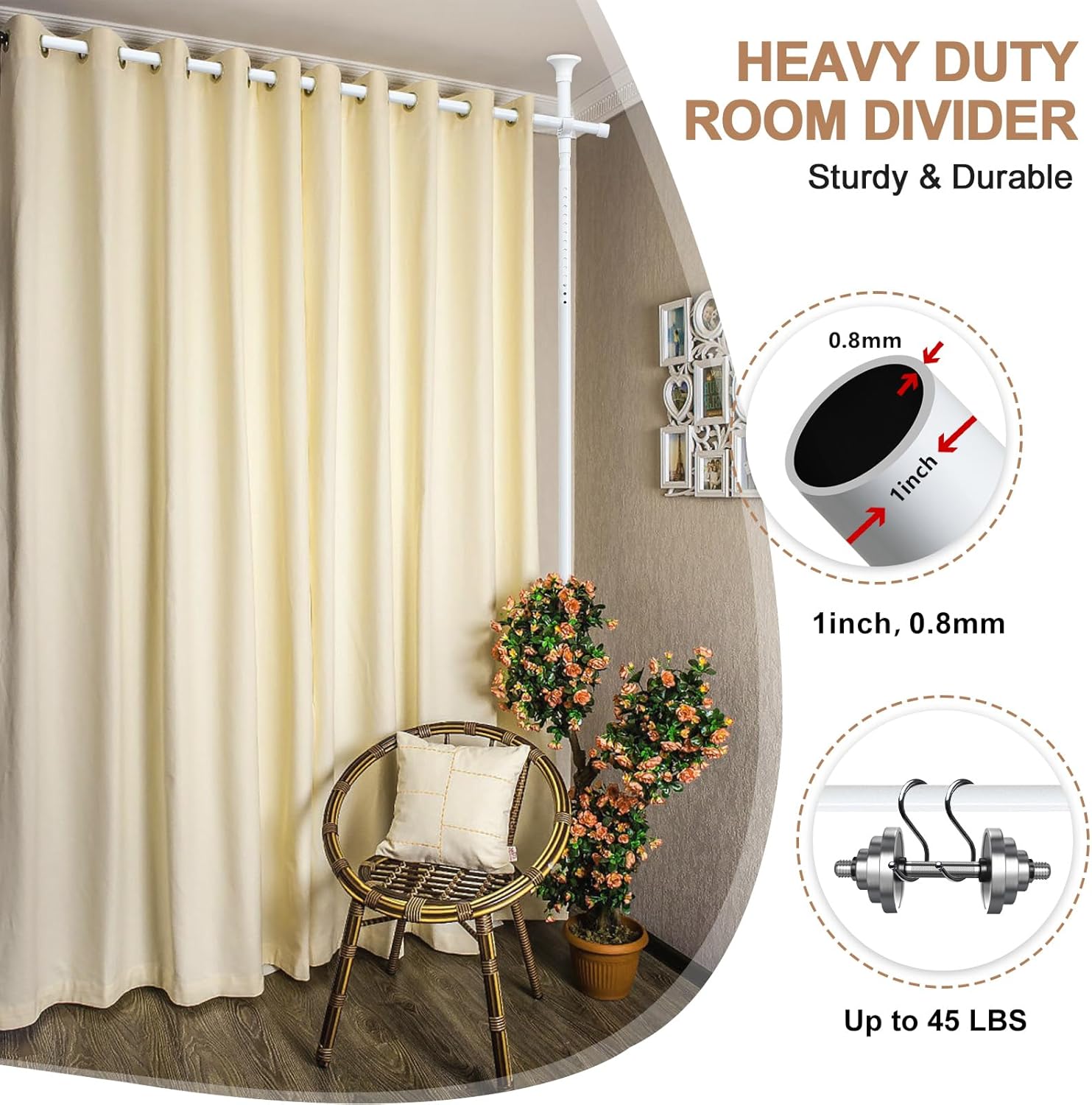 Room Divider Rod, Curtain Rod No Drilling Partition Room Dividers Tension Rod, 4-10ft (H) 48-72inch(W) Floor to Ceiling Room White