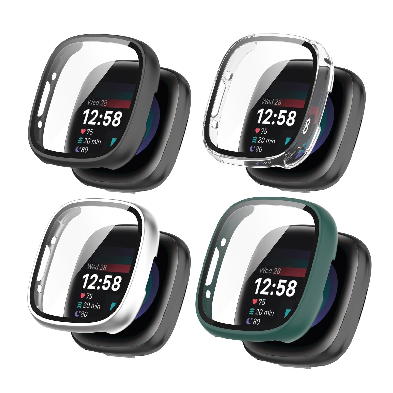 4 Pack Hard PC Case with Tempered Glass Screen Protector Compatible with Fitbit Versa 4/Sense 2 Anti-Scratch Protective Bumper Plated Overall Protective Cover(Blue+Sliver+Black+Clear)