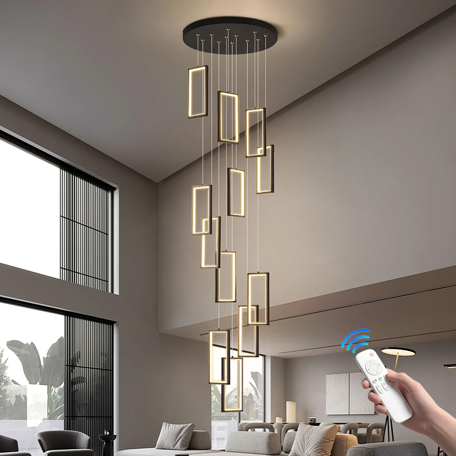 KXEcoLife Dimmable Modern Rectangular Chandelier 12/15/18 Lights with Remote Control 300cm Adjustable Ceiling Light for High Ceilings Villa Staircase & Foyer (135W Black)