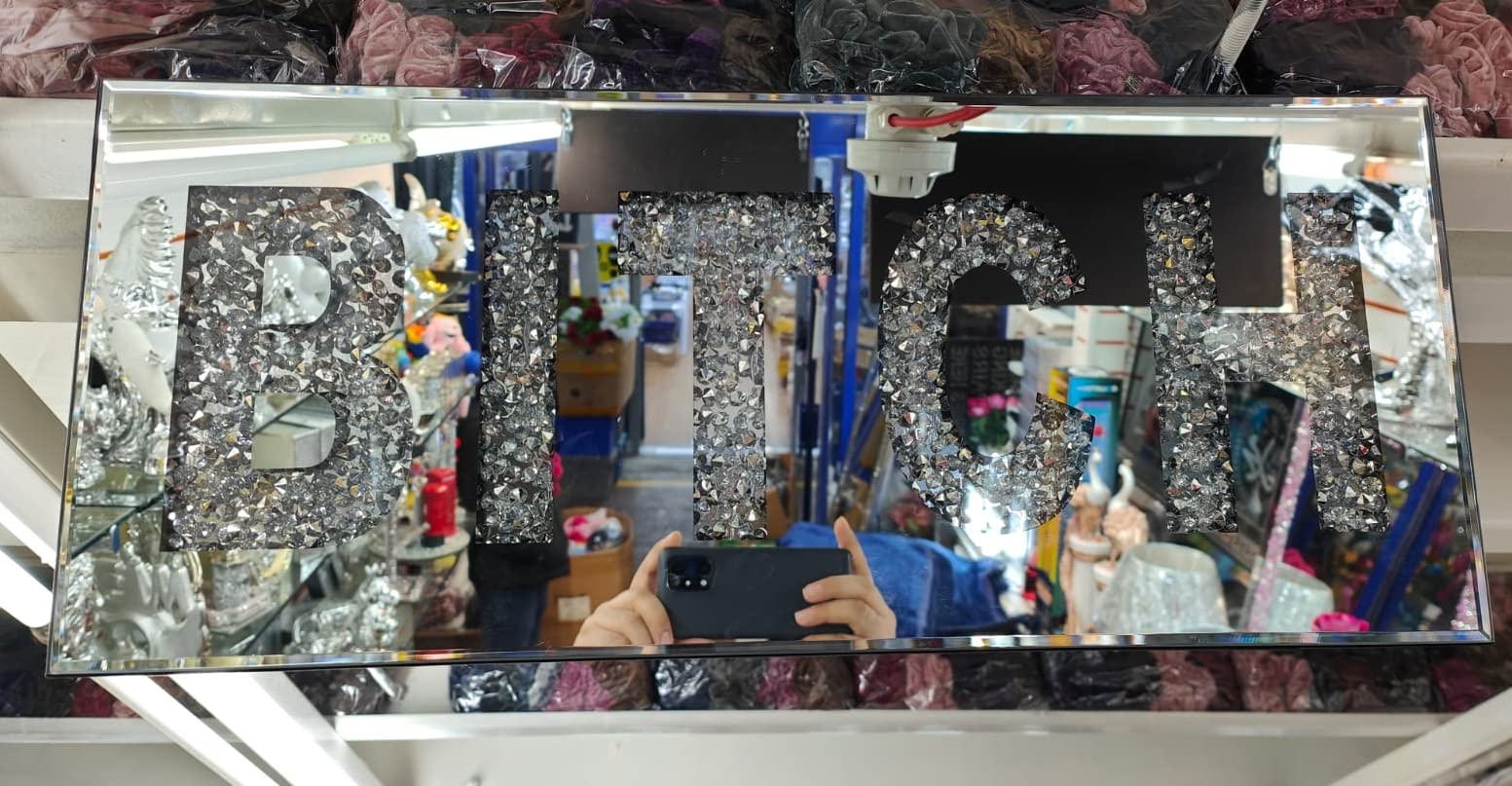 Biznest Silver Mirror Diamond Crush Bitch Sign Bitch Glitz Sparkle Wall Plaque Wall Art 60x20cm