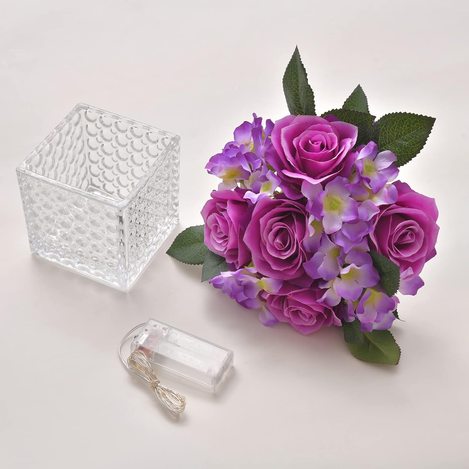Fule Artificial Silk Rose Flower Centerpiece Arrangement in Glass Vase with LED Light for Home Wedding Decoration (Light Purple) - Image 6