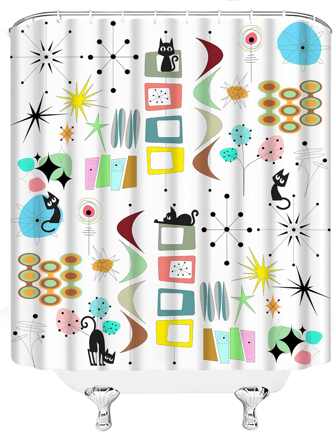 Mid Century Modern Shower Curtain Black Cat Retro Atomic Sputnik Boomerangs Abstract Geometric Iconic 50s 60s Vintage Aesthetics Art Polyester Fabric Bath Decor Curtain with Hooks