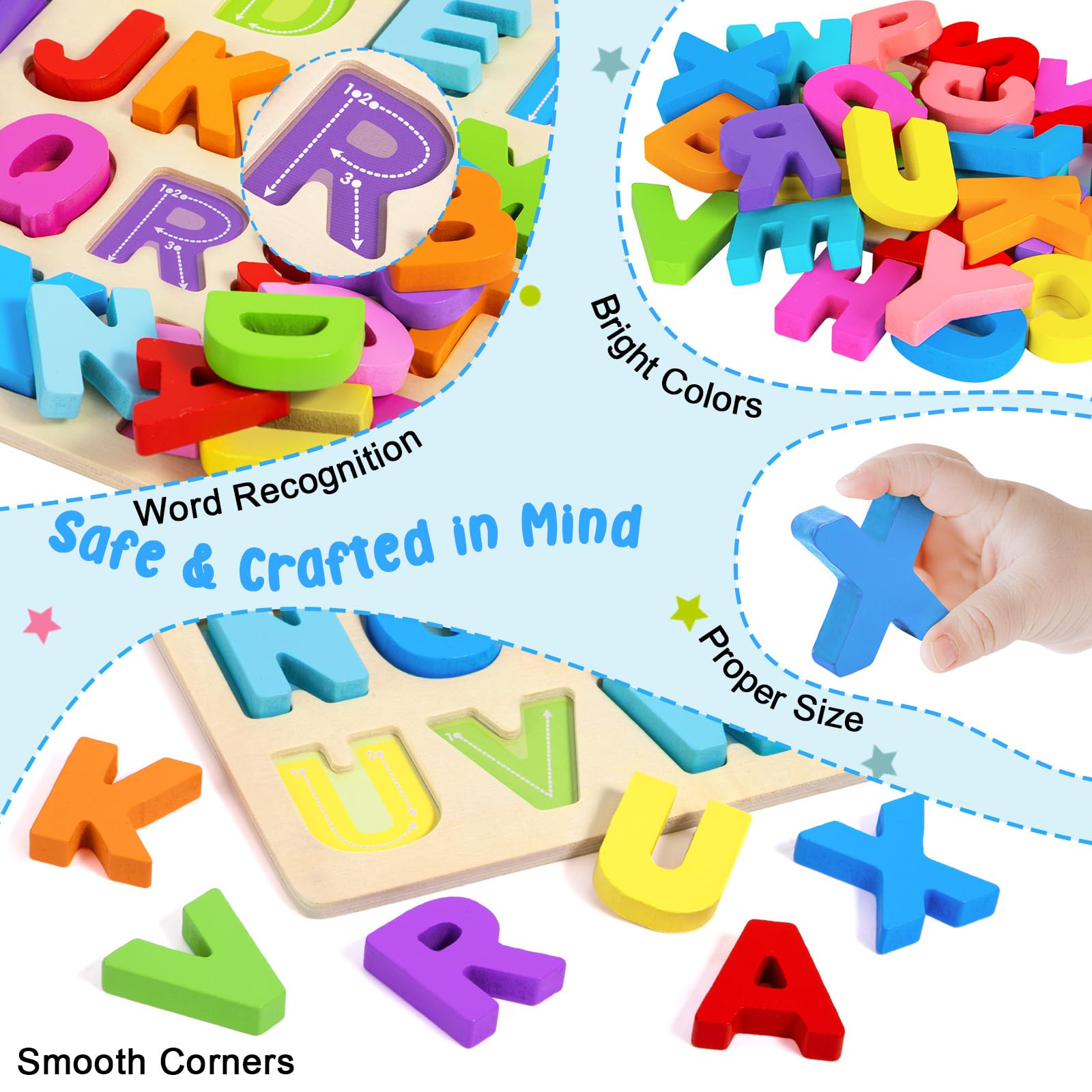 MegiaExist Puzzle Wooden Puzzles for Toddlers 1 2 3 4 5 Year Old, ABC Puzzle Shape Alphabet Learning Puzzles Toys with Puzzle Board & Letter Blocks, Preschool Educational for Girls Boys