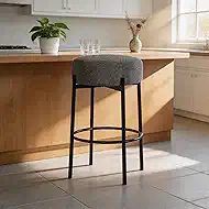 Round Bar Stools Set of 2, 24" Height Backless Counter Stools with Footrest, Soft Wool Fabric & Metal Frame for Kitchen Island，Bar, Dining Room