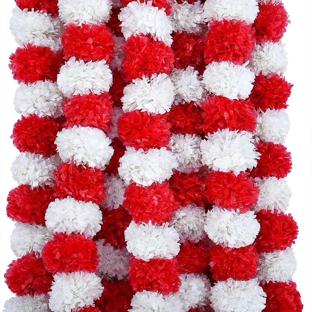 BML 5 Pcs Marigold Garland Artificial Flowers for Wedding Party 5 Feet long Faux Garlands Wedding Party, Diwali, Mehndi, Christmas Decoration Photo Prop for Home (Red and White)