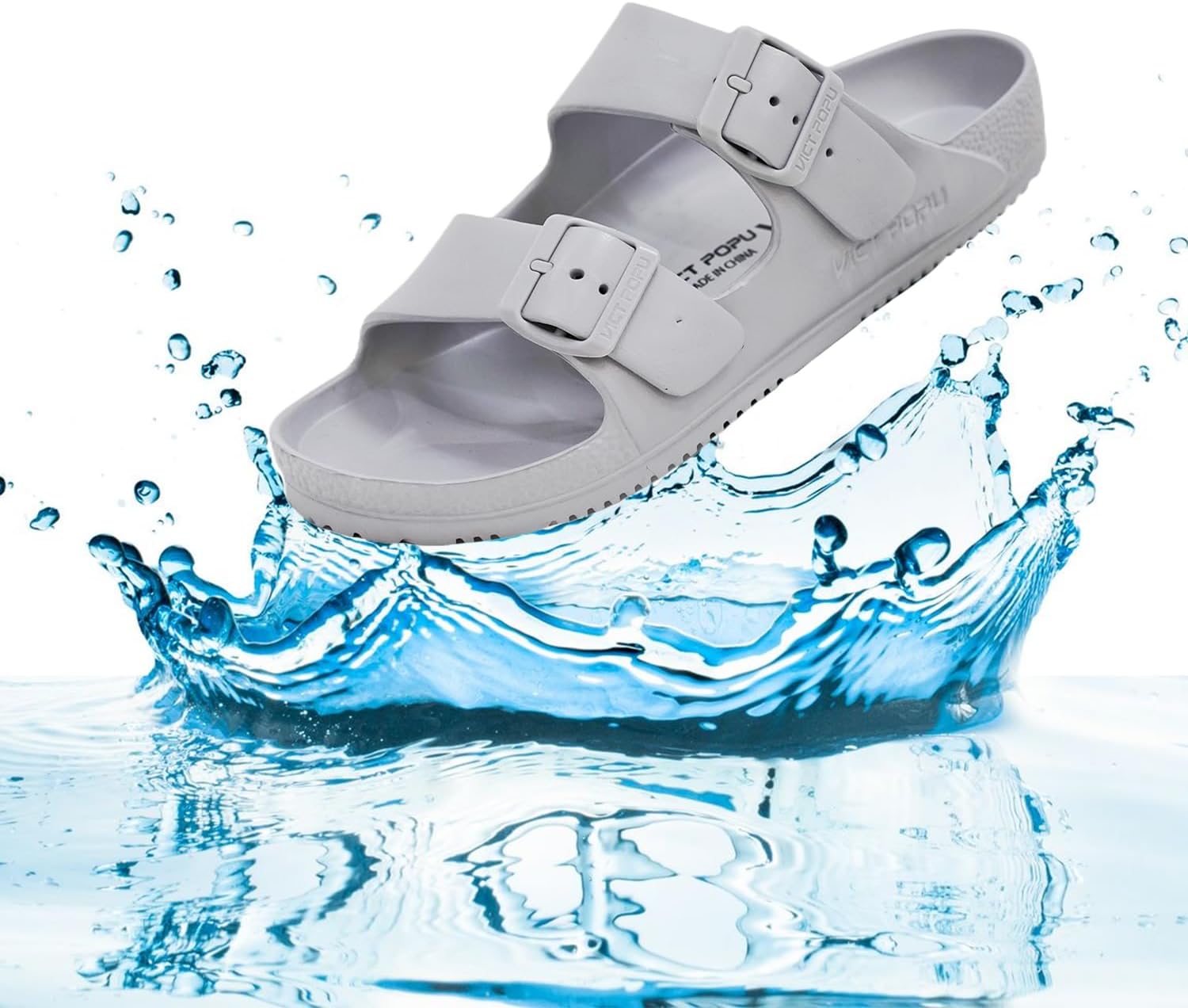 VICT POPU Womens Sandals Adjustable Double Buckle Strap Waterproof EVA Flat Slides - Image 5