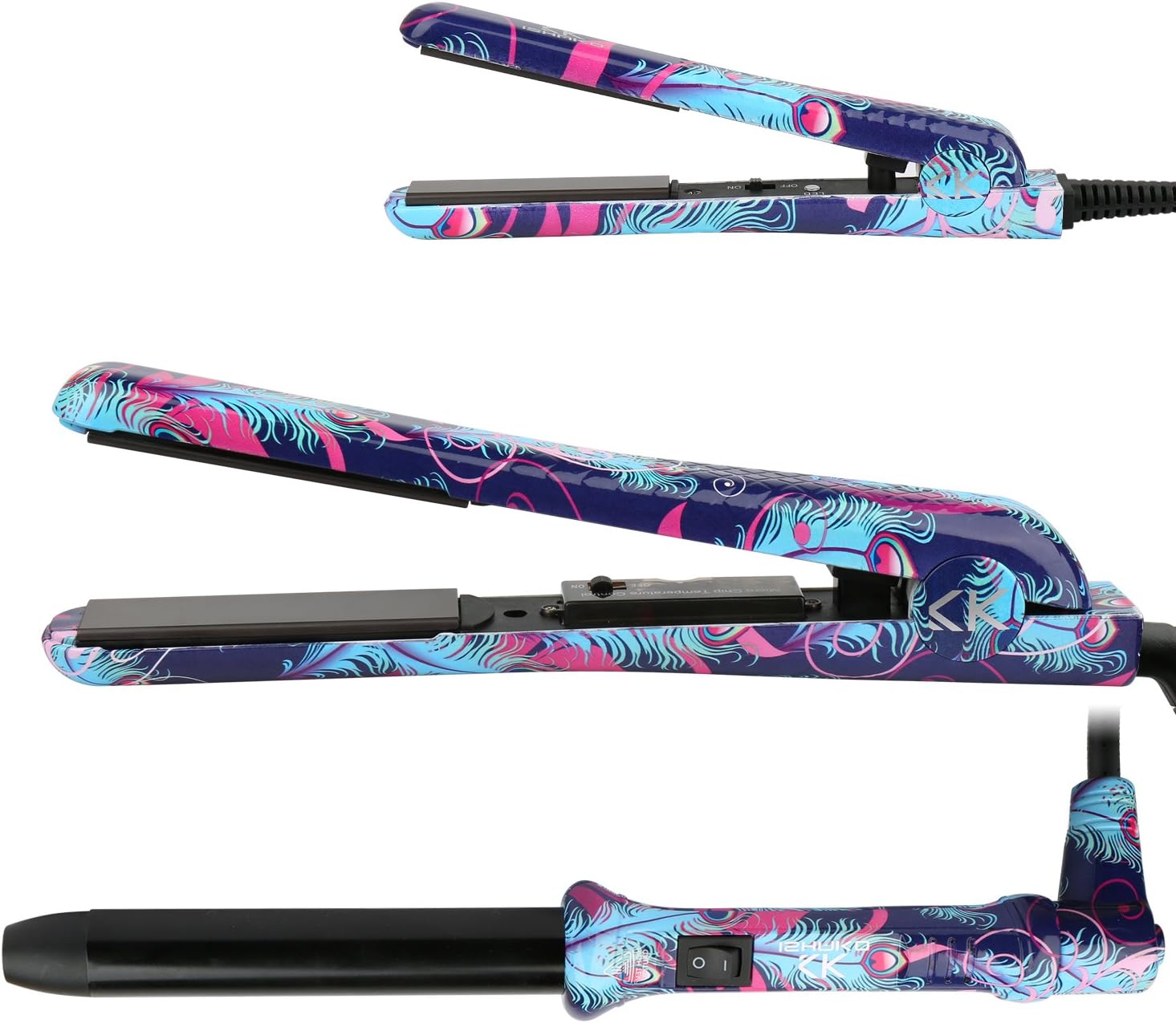 ISHAKO Flat Irons and Curling Iron Set, 3-in-1 Ceramic Hair Straightener for All Hair Types,Styling Tools with Glove, Dual Voltage for Worldwide Use (Blue Peacock)