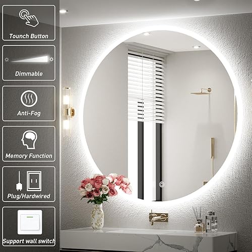 Miniatura 2 de Espejo de baño LED redondo de 32 pulgadas, retroiluminación de luz diurna de 6000 K, antivaho y regulable, espejo impermeable sin marco con control