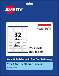 Avery Matte White Rectangle Labels, Sure Feed Technology, 1" x 1.5", 800 Matte White Printable Labels