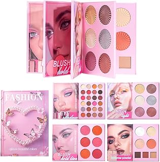 Ansikts-sminkpalett – 43 färger vattentät blus-höjdpunkt, bokformat highlighter rouge palett, för vardagen, resor, bröllop och evenemang – för ögon, kinder och en gåva