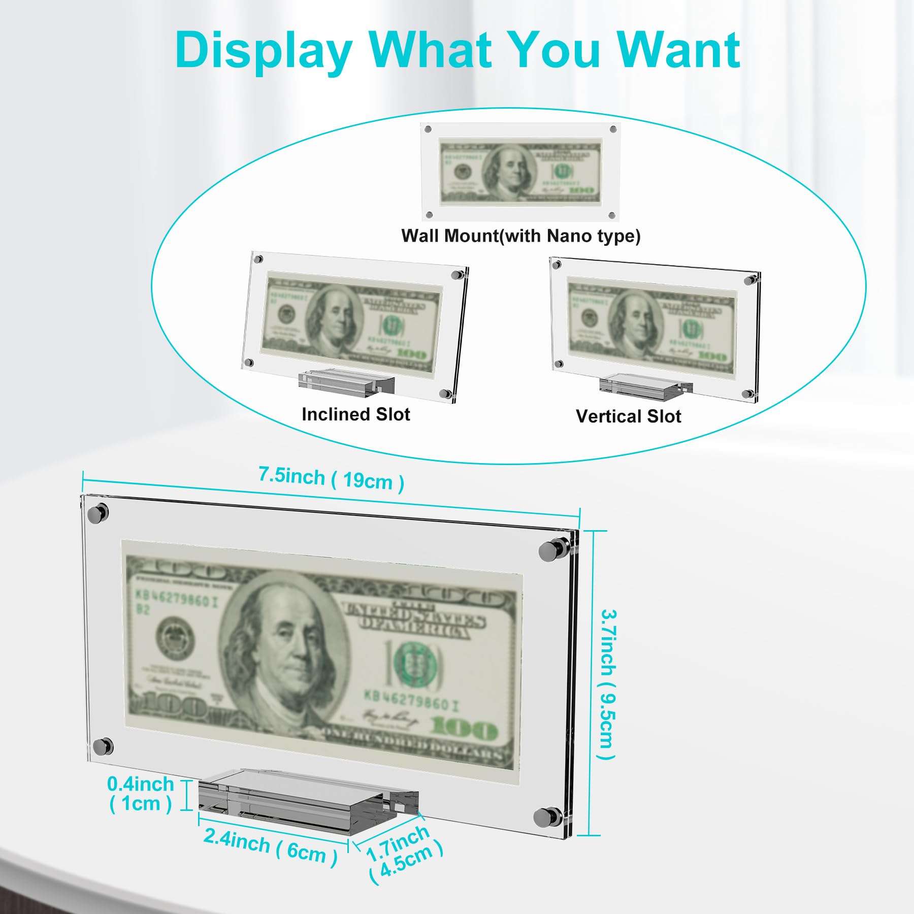 Boloyo Acrylic Dollar Bill Display Frame, 7.5 inch 1PC Clear Tabletop Currency Paper Money Display Stand Holder Easel Base Protector for Collectors