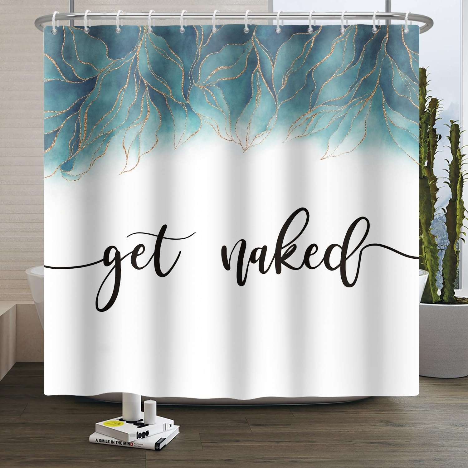 Xiaoterna Get Naked Shower Curtain Elegant Blue Gold Flora Leaves Waterproof Bathroom Curtain Modern Minimalism Gradient White Polyester Fabric Mildew Resistant Home Bathroom Decoration 105x160cm — image 1