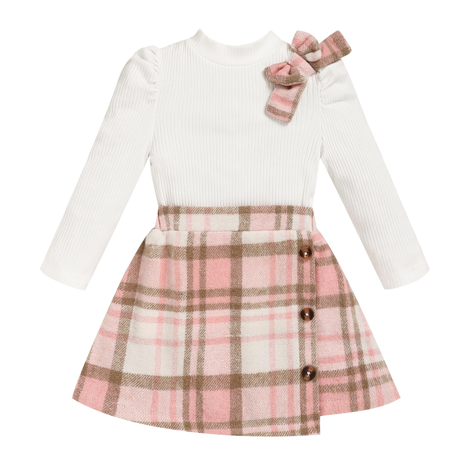 Toddler Girl Plaid Outfits Fall Winter Dress Knit Ribbed Bow Sweatshirt Tops and Button Fashion Skirts Set