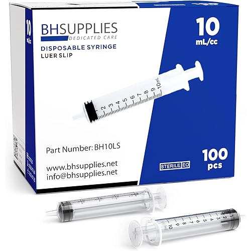 BH Supplies 10ml Luer Slip Tip Syringes (No Needle) - Sterile, Individually Wrapped - 100 Syringes