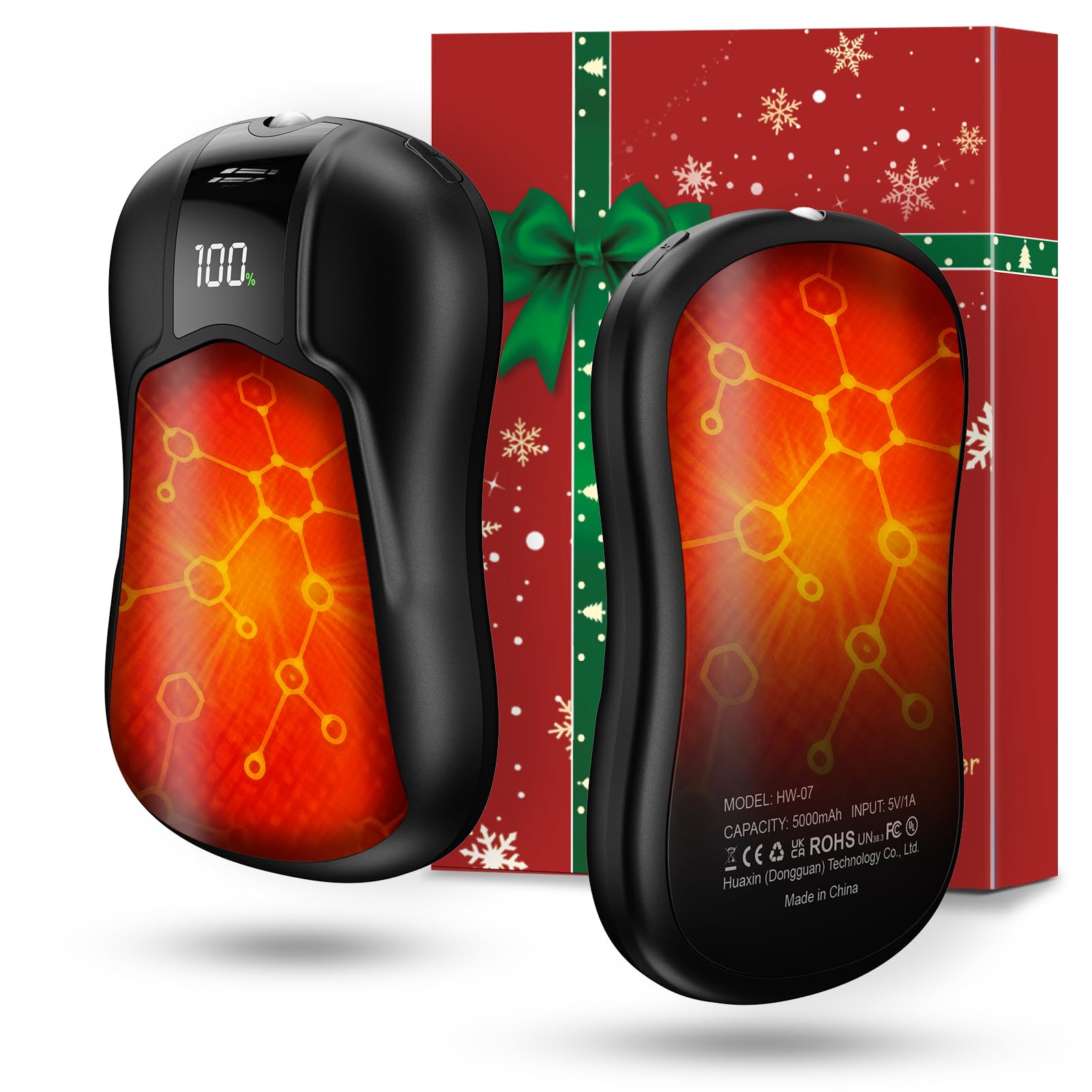 Scaldamani Ricaricabile 10000mAh Doppia Faccia, Riscaldamento Rapido 2 Secondi, 5 Livelli di Temperatura, Torcia LED - Confezione da 2, Campeggio, Malattia di Raynaud, Inverno