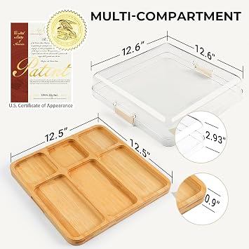 Charcuterie Boards, Bamboo Charcuterie Board with Lid, Cheese Board with Buckle Locking, Cutting Boards for Kitchen, House Warming Gifts New Home, Gifts for Women, 6 Compartments