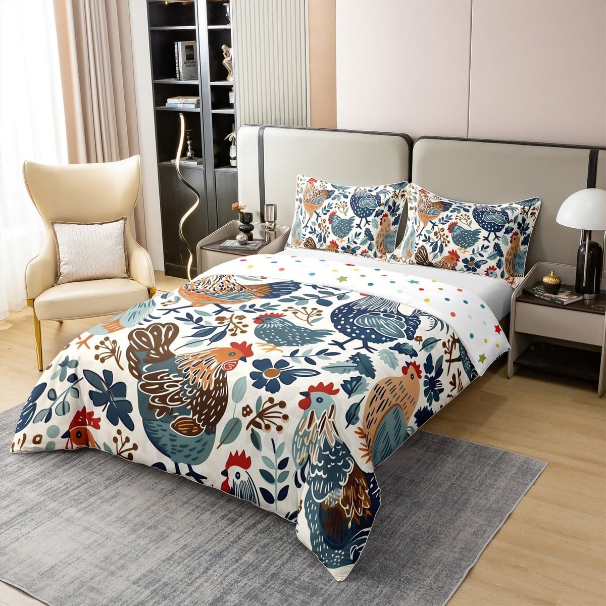 Erosebridal Chickens 100% Cotton Duvet Cover Queen Size Cock Bedding Set for Kids Boys Girls Rural Rustic Watercolor Countryside Comforter Cover Teal Blue Red Soft Breathable Bedclothes