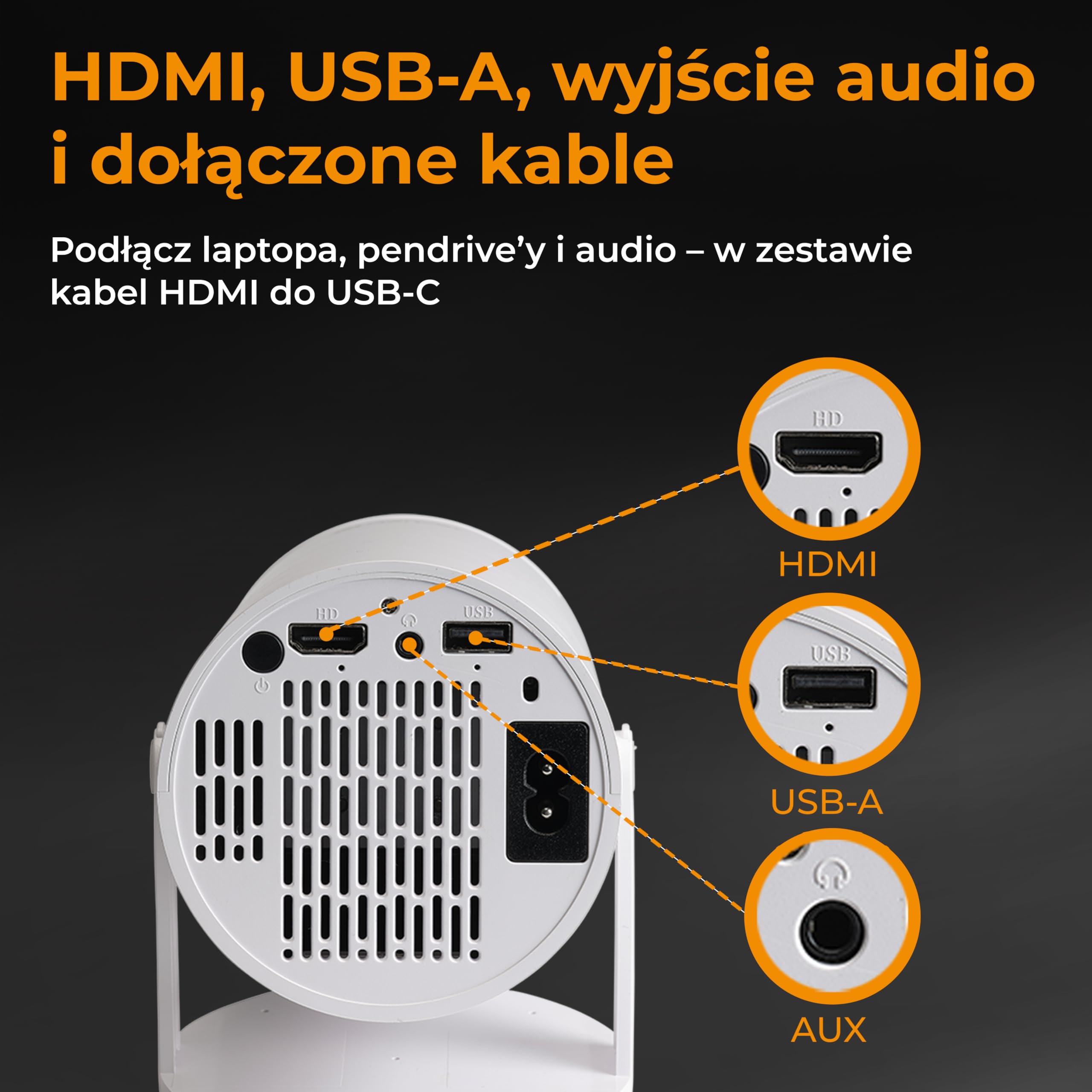 Mini projektor LED Full HD 4K – Bluetooth HDMI USB przenośny projektor do kina domowego, gamingowego telefonu komórkowego – Denver PR-2500 projektor wideo z głośnikiem | Kino domowe obracane o 180°, HDMI i USB-C, przenośne do salonu i sypialni, do 170 cal