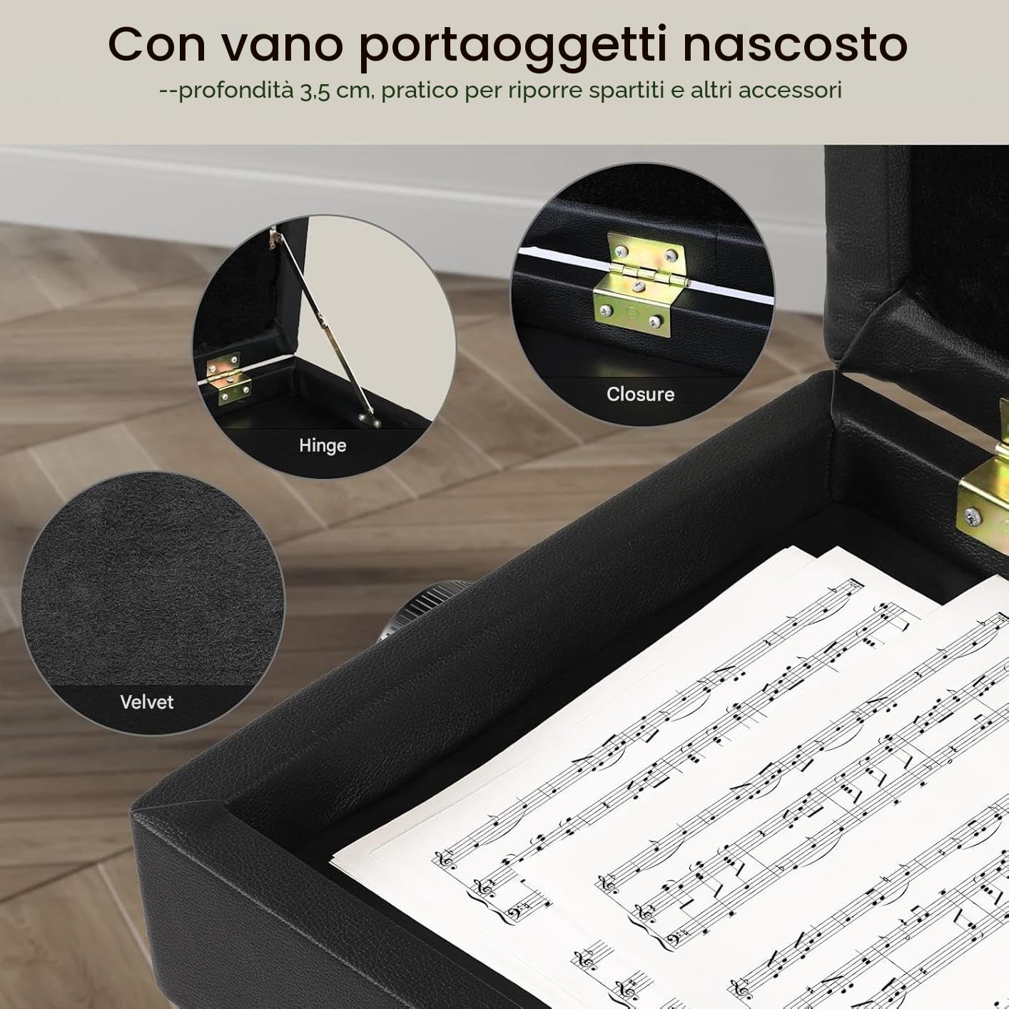 Sgabello Pianoforte Regolabile in Altezza 56x33x58CM, Panca con Spazio di Archiviazione, Carico Massimo 150KG, Nero