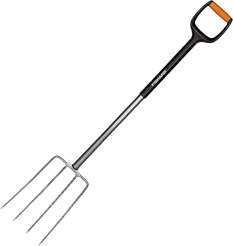 Fiskars Xact Composting Fork Large, With 4 Tines, Length: 120 cm, Steel Tines/Fibreglass reinforced Synthetic material handle, Black/Orange, 1003687