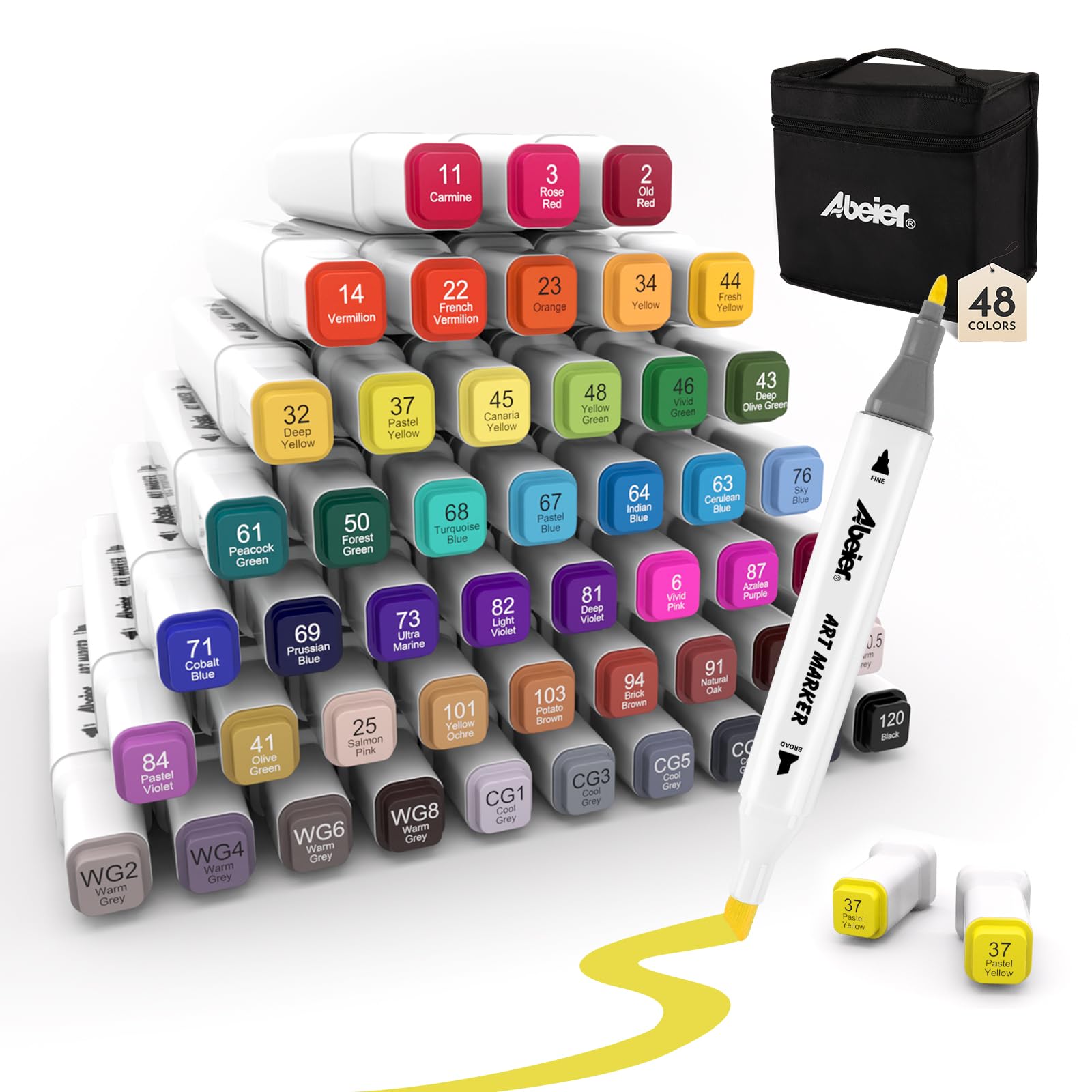 ABEIER Alcohol Markers 48 Colours, Dual Tip Art Markers Set for Adults,Colouring Pens for Anime Manga, Drawing, Sketching, Permanent Marker Pens with Carrying Case