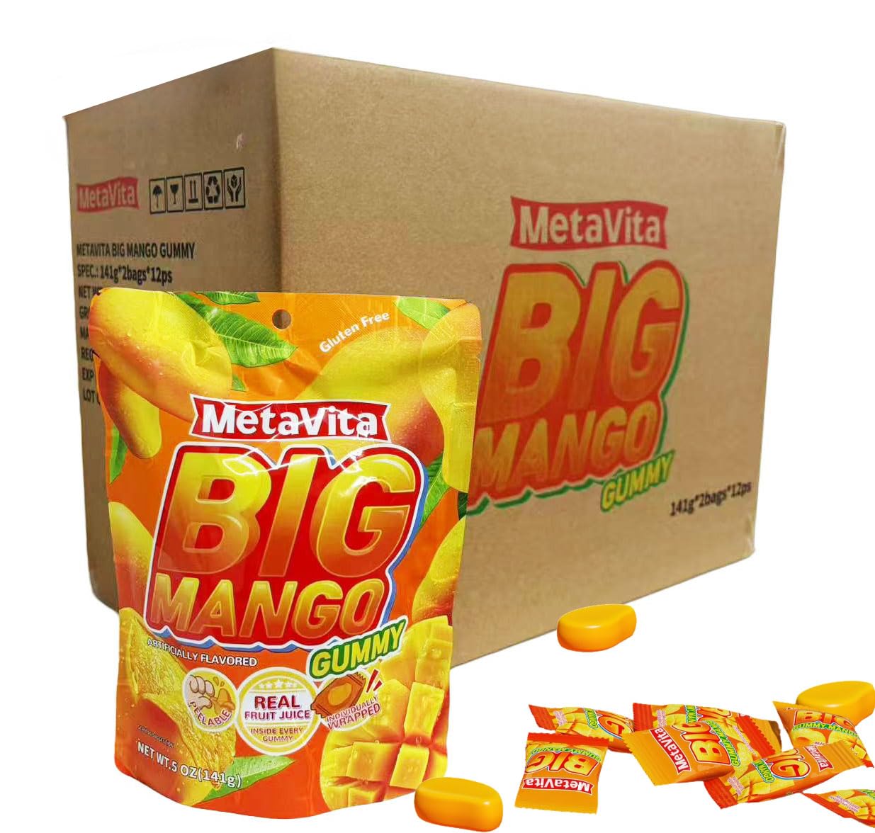 (24 Packs, 9.5LB) MetaVita Peelable Big Mango Gummy Candy – Individually Wrapped Fun Size Gummies for Halloween Candy, Trick-or-Treat, Party Snacks & Gifts for Kids & Adults