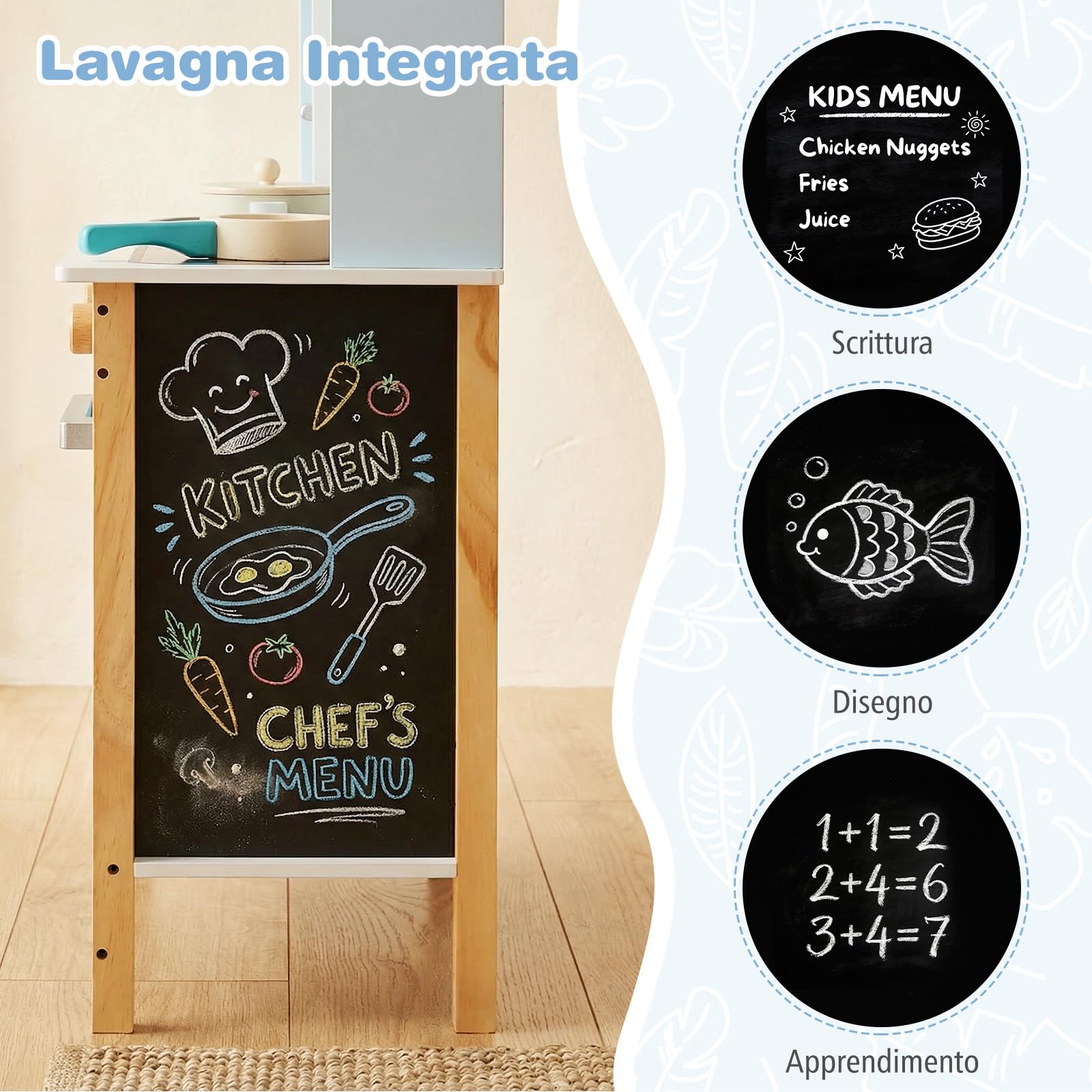 COSTWAY Cucina Giocattolo in Legno per Bambini, Set Cucina Gioco con Lavagna e Accessori Completi, Gioco di Finzione per Bambini 3+ Anni, 61,5 x 26 x 85 cm