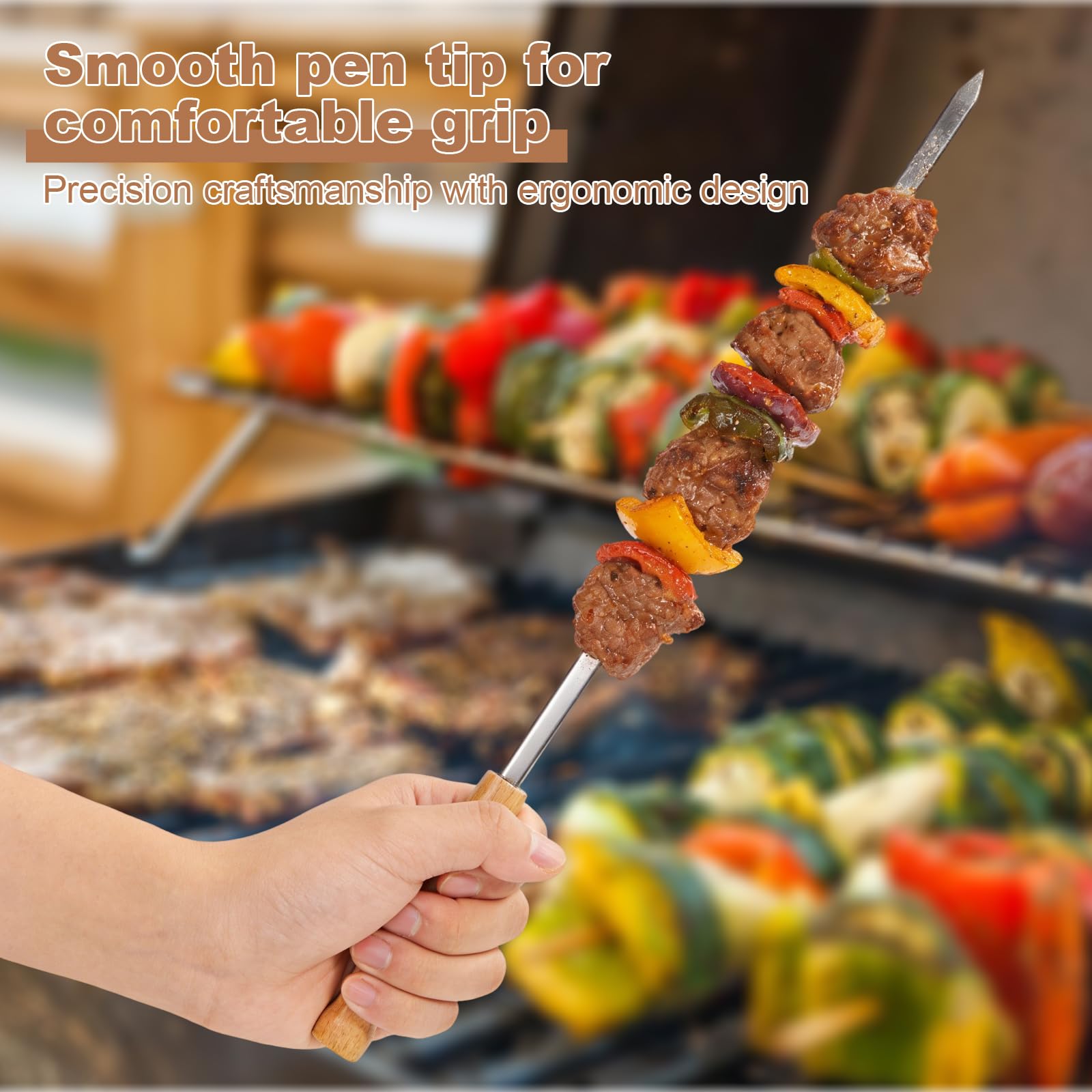 Brochettes barbecue acier inoxydable 410 44cm réutilisables manche chêne 8 pièces