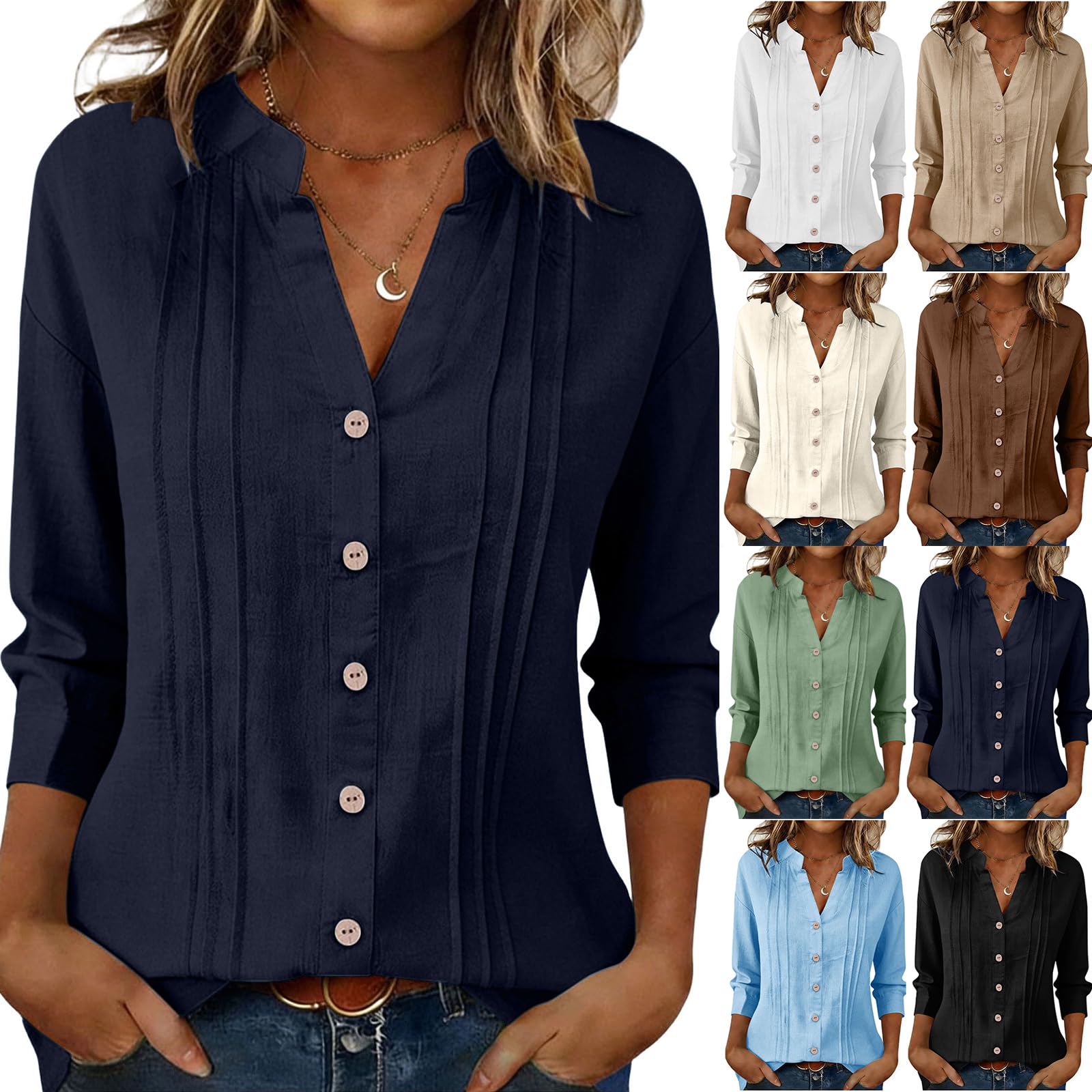 Top casual da donna, camicia a 3/4 con bottoni sul davanti, scollo a V, camicetta allentata plissettata con cintura in vita con scollo a V a pieghe camicia rilassata
