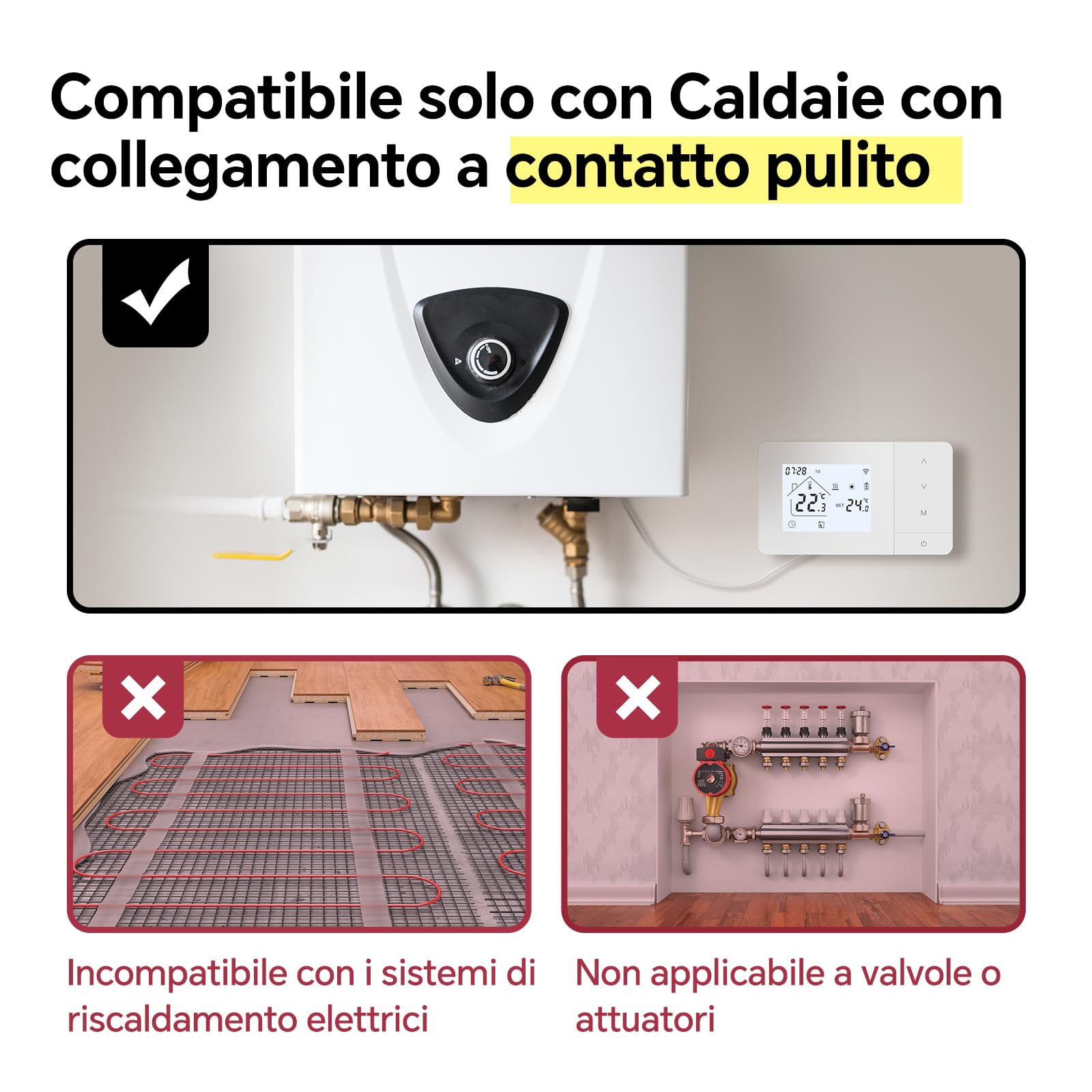 Termostato Wi-Fi a batteria con 2 fili, controllare per la caldaia a gas, termostato Tuya programmabile giornalmente, compatibile con controllo vocale di Google e Alexa.W506 3A