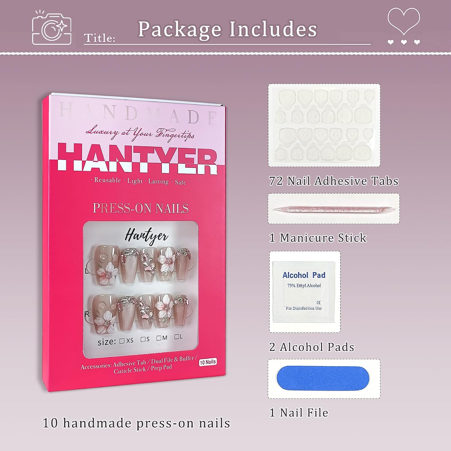 Press On Nail Kits - 10pcs Handmade Acrylic False Nails In Pink With Flowers, Short Coffin Shape, Rhinestone And 3D Cat Eye Design For Women - Multi-Layer Gel, Reusable Salon Nails