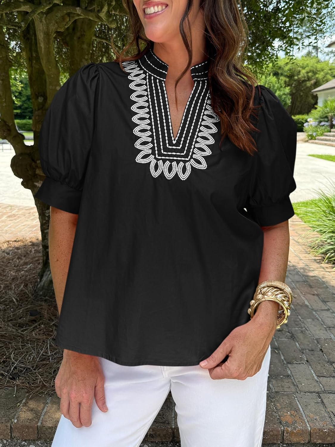 Cicy Bell Womens Puff Short Sleeve Blouses Summer Casual Dressy Embroidered V Neck Tops Loose Fit Tee Shirts - Image 5