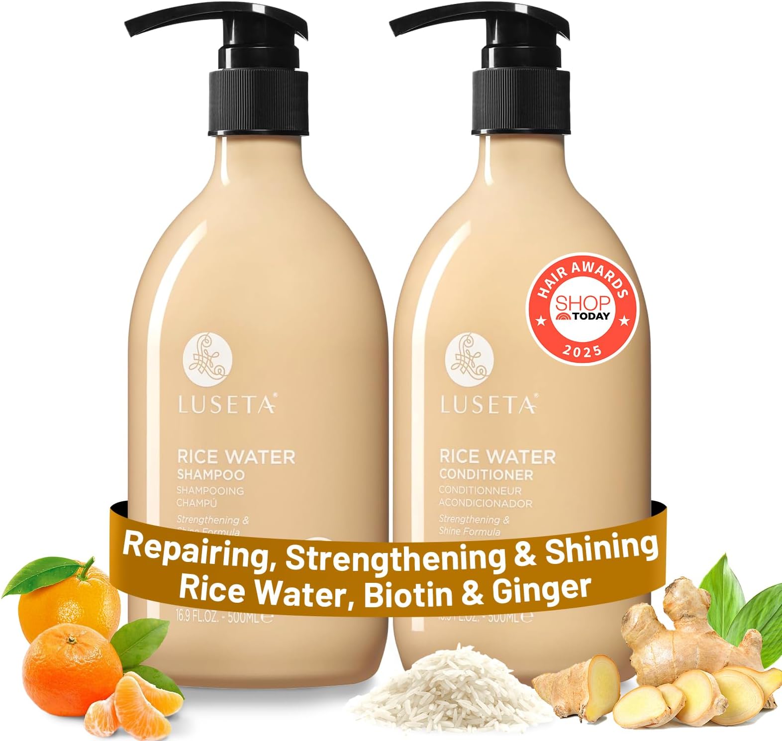 Luseta Rice Water Shampoo and conditioner Set Strengthening & Nourishing Revitalizes Shine for All Hair Types Hydrating & Frizz Control for Women and Men 16.9oz*2
