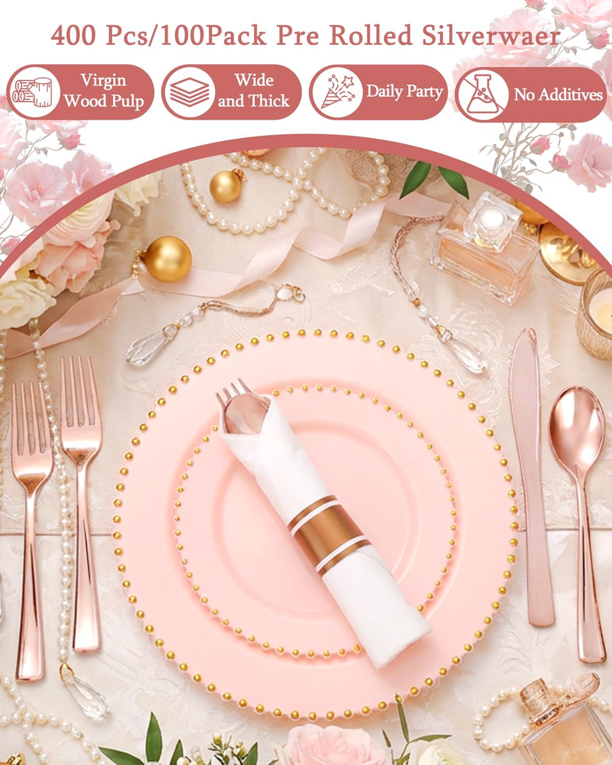 Supernal 240Pcs Rose Gold Plastic Silverware Set with Napkins - Pre Rolled Disposable Cutlery (60 Forks, 60 Knives, 60 Spoons) - Heavy Duty Utensils for Wedding, Bridal Shower & Elegant Parties