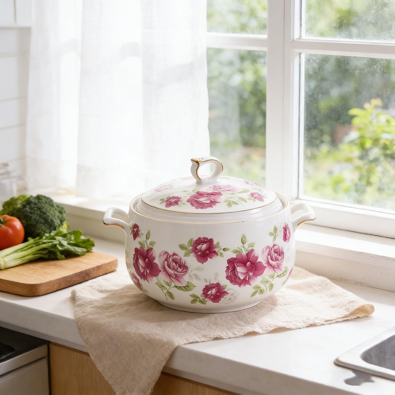 Keramik-Suppenterrine mit Glasdeckel, Porzellan-Serviersuppenschüssel mit großem Fassungsvermögen, weißer runder Instant-Nudeltopf for die Dekoration zu Hause in der Küche(Pink,3L)