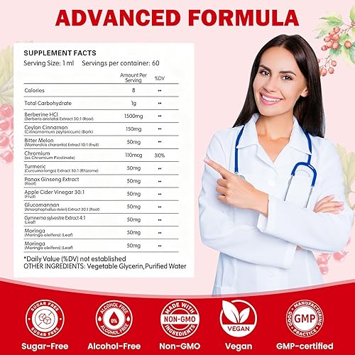 Miniatura 7 de Suplemento liposomal de berberina HCL gotas líquidas 1500mg, berberina con canela de Ceilán, melón amargo, cúrcuma, glucomanano, moringa, fitosoma