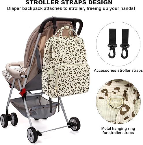 Miniatura 6 de Pañalera de pana para bebés, niñas y niños, bolsas grandes para pañales para mamá (leopardo de pana beige)
