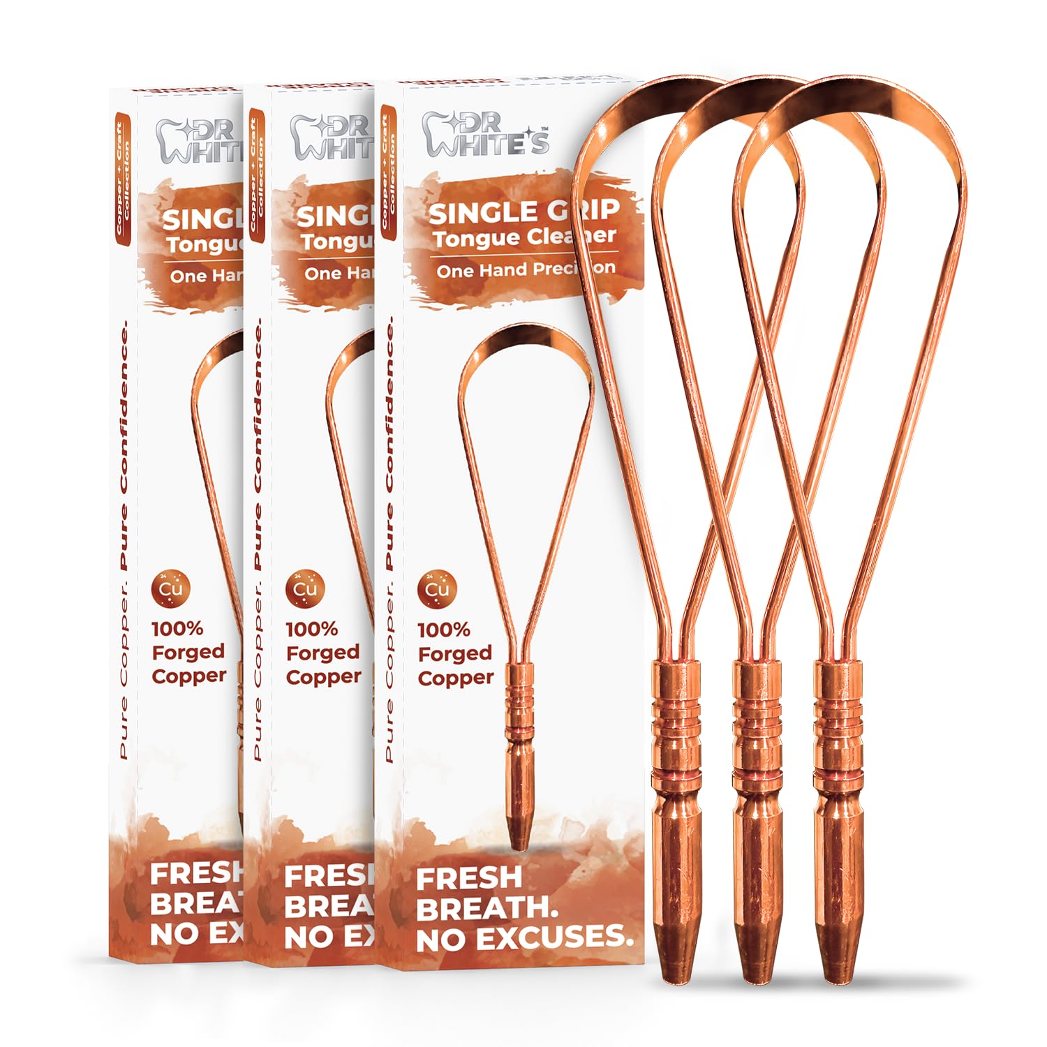 Dr Whites Forged Copper Tongue Cleaner Single Grip 3-Pack Dentist-Formulated Oral Care Tools for Daily Tongue Cleaning 100